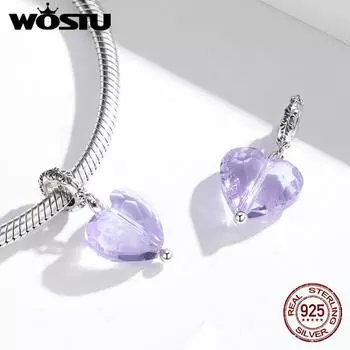 WOSTU простой фиолетовый и розовый сердечко с кристаллом циркона Сказка Любовь Шарм Подвеска из стерлингового серебра 925 пробы для ювелирных браслетов 925 silver фиолетовый
