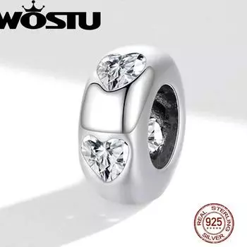WOSTU простые стильные блестящие циркониевые бусины в форме сердца из стерлингового серебра 925 пробы, подходят для оригинального браслета, ювелирных изделий своими руками 925 silver