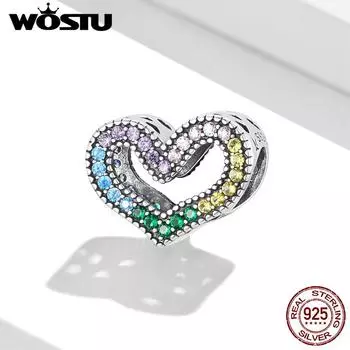 WOSTU Радужные циркониевые подвески из стерлингового серебра 925 пробы с полым сердечком, подходят для модного изготовления браслета и браслета, ювелирные изделия в подарок 925 silver
