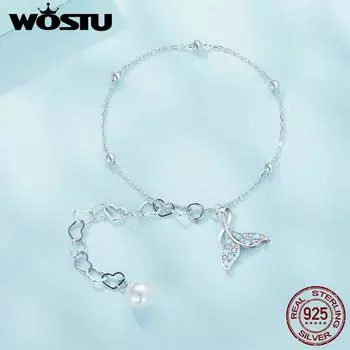 WOSTU специальный браслет с цирконием в виде рыбьего хвоста для женщин, стерлингового серебра 925 пробы, жемчужное сердце, звенья цепи, женские ювелирные изделия на запястье, подарок