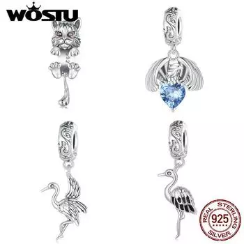 WOSTU Стерлингового Серебра 925 Белый Орел Подвеска Бусина Синий Циркон Подвеска Яркие Подвески Рысь Кошка Бусины для Женщин Браслет и Ожерелье Ювелирные Изделия B