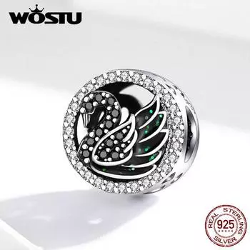 WOSTU Стерлингового Серебра 925 Черный Лебедь Бусины Циркон Круглые Подвески Подходит Браслет Подвеска Ювелирные Изделия Pendant