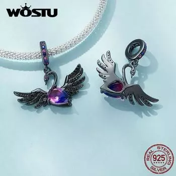 WOSTU Стерлингового Серебра 925 Черный Лебедь Подвеска из Бисера Черное Золото Подвески Для Женщин Браслет и Ожерелье Ювелирные Изделия DIY 925 silver