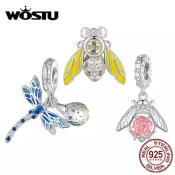 WOSTU Стерлингового Серебра 925 Цвет Сменный Цветок Подвеска Очарование Пчела Висячие Бусины для Женщин Браслет DIY Изящные Ювелирные Изделия B