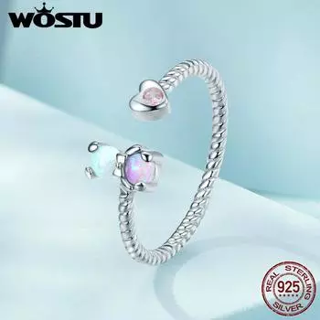 WOSTU Стерлингового Серебра 925 Цветной Опал Маленький Медведь Витой Открытое Кольцо для Женщин Подарок На День Рождения Ювелирные Изделия 925 silver