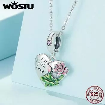 WOSTU Стерлингового Серебра 925 Цветы Лотоса Висячие Бусины Чистый, Вера, Любовь Подвески для Женщин Оригинальный Браслет Ожерелье 925 silver