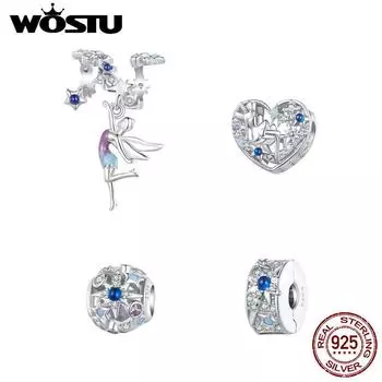 WOSTU Стерлингового Серебра 925 День и Ночь Эльф Шарм День и Ночь Эльф в форме сердца бусины для браслета DIY Ювелирные изделия B