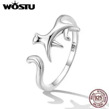 WOSTU Стерлингового Серебра 925 Изысканное Открытое Кольцо С Забавным Котом для Женщин Ювелирные Изделия Подарок 925 silver серебряный