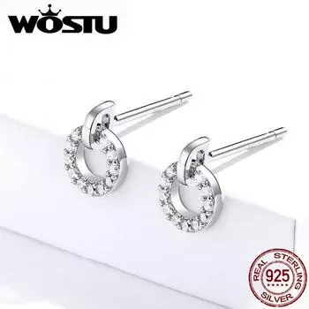 WOSTU Стерлингового Серебра 925 Изысканный Круглый Круглый Серьги-гвоздики Женские Стильные Маленькие Серьги С Цирконом