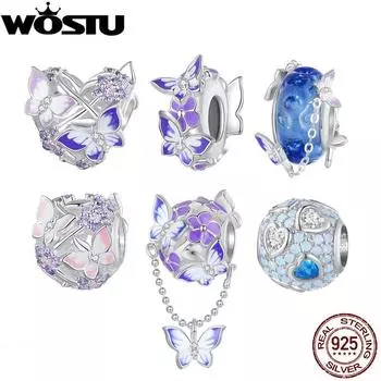 WOSTU Стерлингового Серебра 925 Мистический Фиолетовый Цветок Подвески Бусины Бабочка Защитная Цепочка Подходит Оригинальный Браслет DIY Ожерелье Ювелирные Изделия C