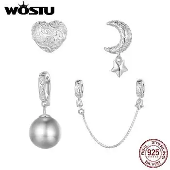WOSTU Стерлингового Серебра 925 Натуральный Жемчуг Цветок Подвески Звезда Луна Подвеска Ретро Сердце Бусины Безопасная Цепочка Подходит DIY Браслет Ожерелье A
