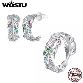 WOSTU Стерлингового Серебра 925 Нежные Красочные Циркон Перо Кольцо и Серьги Комплект Ювелирных Изделий Цирконий для Женщин Изящных Ювелирных Изделий 6