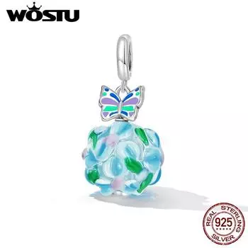 WOSTU Стерлингового Серебра 925 Нежный Цветок Бабочка Шарм Кристалл Синий Шарик Подходит Оригинальный Браслет Для Женщин Ювелирные Изделия 925 silver
