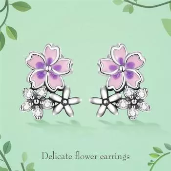 WOSTU Стерлингового Серебра 925 Нежный Фиолетовый Розовый Цветок Сияющий Циркон Серьги-гвоздики для Женщин Модные Вечерние Ювелирные Изделия Подарок 925 silver