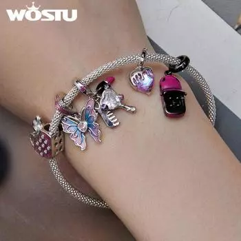 WOSTU стерлингового серебра 925 пробы, бусины для собак, автомобильные подвески, подвеска с радужным кристаллом, подходит для DIY, ожерелье, браслет, модная девушка, изготовление ювелирных изделий B