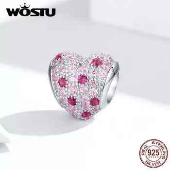 WOSTU стерлингового серебра 925 пробы бусины в форме любви розовый прозрачный циркон подходят для оригинального браслета-подвески