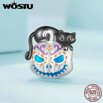 WOSTU Стерлингового Серебра 925 пробы, бусины в виде тыквы на Хэллоуин, подвески в виде черного кота для женщин, браслеты и браслеты, ювелирные изделия 925 silver