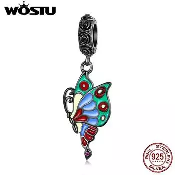 WOSTU Стерлингового Серебра 925 пробы Черное Золото Красочные Розы Бабочка Подвеска Животное Шарм Бусины Подходит Оригинальный DIY Браслет Ювелирные Изделия 925 silver