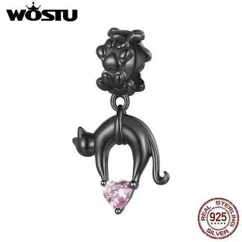 WOSTU Стерлингового Серебра 925 пробы Черный Кот Подвески Розовое Сердце Покрытием Черное Золото Бусина для Женщин Браслет и Ожерелье Изящные Ювелирные Изделия 925 silver
