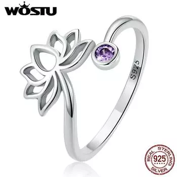 WOSTU стерлингового серебра 925 пробы цветок лотоса регулируемые кольца палец фиолетовый циркон полое открытое кольцо для женщин оригинальные ювелирные изделия 925 silver серебряный