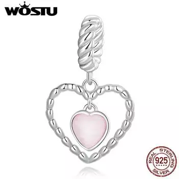 WOSTU Стерлингового Серебра 925 пробы двойное Сердце Крыло Шарм Розовые Хрустальные Бусины Подходит Оригинальный Браслет Для Дня Матери Ювелирные Изделия Подарок