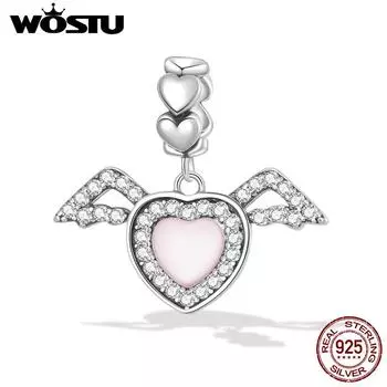 WOSTU Стерлингового Серебра 925 пробы двойное Сердце Крыло Шарм Розовые Хрустальные Бусины Подходит Оригинальный Браслет Для Дня Матери Ювелирные Изделия Подарок 925 silver