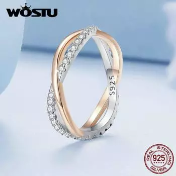 WOSTU стерлингового серебра 925 пробы, двухцветное кольцо Eternity, двухслойное кольцо с крестом для женщин, розовое золото, циркон, ювелирные украшения