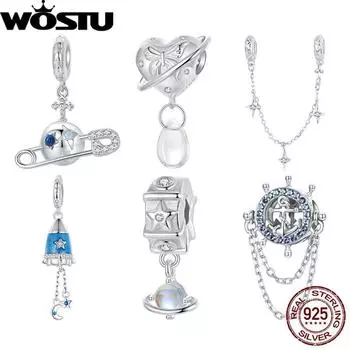 WOSTU Стерлингового серебра 925 пробы, фантазийная планета, космический шарм, CZ, лунный камень, якорь, защитная цепочка в виде звездообразования, подходит для оригинального браслета, подарок «сделай сам»