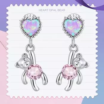 WOSTU стерлингового серебра 925 пробы фиолетовый опал сердце любви розовый медведь круглые серьги-гвоздики из бисера для женщин модные вечерние ювелирные изделия подарок 925 silver