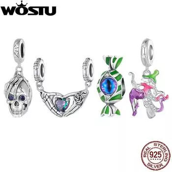 WOSTU Стерлингового Серебра 925 пробы Хэллоуин Подарок Череп и Сердце Подвеска Светящиеся Подвески Ведьмы Сглаз Конфеты Бусины Подходит Браслет DIY Ожерелье D