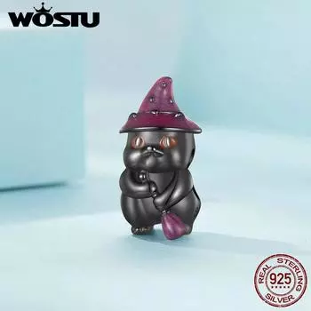 WOSTU Стерлингового Серебра 925 пробы Хэллоуин Ведьма Кошка Шарм Светящийся Животный Шарм Черное Позолоченное Для Женщин Браслет и Ожерелье DIY 925 silver