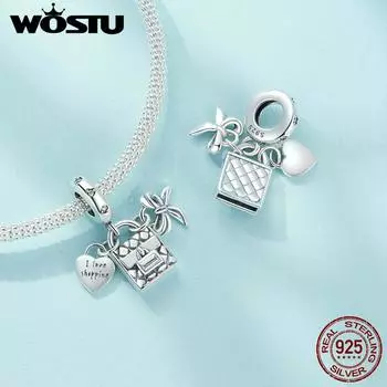 WOSTU Стерлингового Серебра 925 пробы I Love Shopping Сумка-подвеска и бусины с бантом подходят для оригинальных браслетов для женщин DIY ювелирные изделия 925 silver