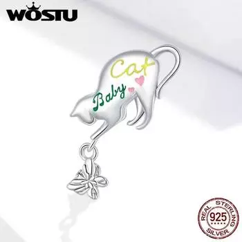 WOSTU стерлингового серебра 925 пробы, игривый кот, бусина в виде животного, подвеска в виде животного, подходит для оригинального браслета и ожерелья, кулон, ювелирные изделия 925 silver