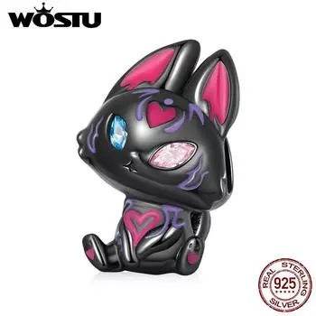 WOSTU Стерлингового Серебра 925 пробы Игривый Лисий Шарм Циркон Животное Черный Позолоченный Шарик DIY Ювелирные Изделия Подходит Оригинальный Браслет 925 silver