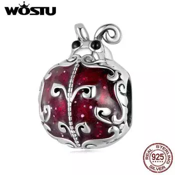 WOSTU стерлингового серебра 925 пробы изысканный темно-красный узор божья коровка подвеска в виде насекомых из бисера для оригинального браслета «сделай сам» ювелирные изделия подарок для девочки 925 silver