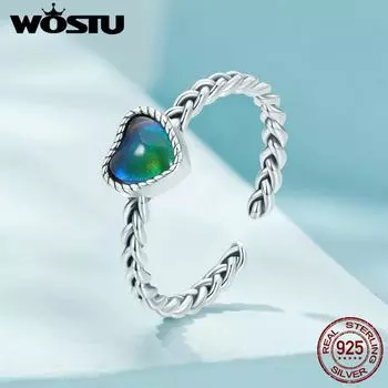 WOSTU Стерлингового Серебра 925 пробы Эмоциональный Камень Изменение Цвета Сердце Регулируемое Кольцо Платиновое Покрытие для Женщин Партии Изящных Ювелирных Изделий 925 silver