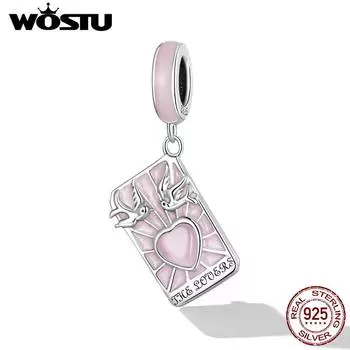 WOSTU Стерлингового Серебра 925 пробы Карты Таро Любители Шарм Подвеска для Женщин Розовая Эмаль Сердце Неразлучники Шарм Подходит Оригинальный DIY Браслет Ювелирные Изделия 925 silver