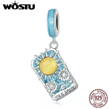 WOSTU Стерлингового Серебра 925 пробы Карты Таро Солнце Шарм Подвеска для Женщин Синяя Эмаль Подсолнухи Шарм Подходит Оригинальный DIY Браслет Ювелирные Изделия 925 silver