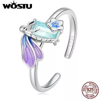 WOSTU стерлингового серебра 925 пробы красивые открытые кольца со стрекозой для женщин модные цветные кольца с животными ювелирные изделия подарок 925 silver