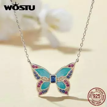 WOSTU стерлингового серебра 925 пробы, красочное ожерелье с подвеской в виде бабочки, весеннее ювелирное изделие, подарок для милой цепочки с насекомыми, ожерелье, подарок на день рождения 925 silver