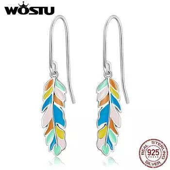 WOSTU стерлингового серебра 925 пробы красочные перья крючки серьги-гвоздики для женщин модные вечерние украшения 925 silver