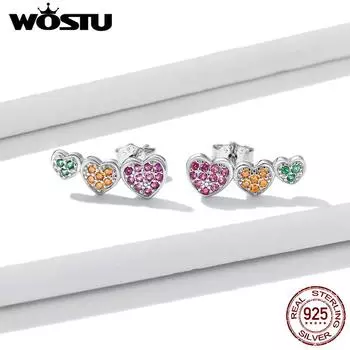 WOSTU стерлингового серебра 925 пробы красочные зеленые оранжевые розовые серьги-гвоздики с цирконием в форме сердца для женщин модные вечерние ювелирные изделия подарок 925 silver