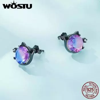 WOSTU стерлингового серебра 925 пробы, крутые серьги-гвоздики в стиле панк черного золота с изображением кота для женщин, радужные круглые хрустальные зажимы для ушей Stus 925 silver