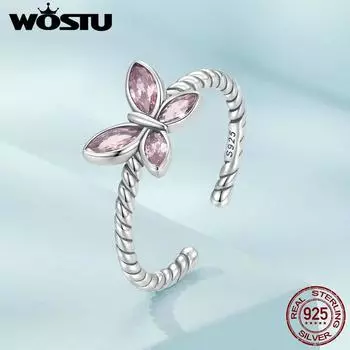 WOSTU Стерлингового Серебра 925 пробы Любовь Розовые Бабочки Открытые Кольца Для Женщин Блестящие Прозрачные Регулируемые Кольца CZ Семьи День Рождения Ювелирные Изделия 925 silver