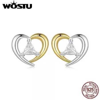 WOSTU стерлингового серебра 925 пробы, милые двухцветные серьги-гвоздики в форме сердца для женщин, мини-шпильки с цирконием, серьги-гвоздики для девочек, ювелирные изделия на день рождения, подарок BSE1027