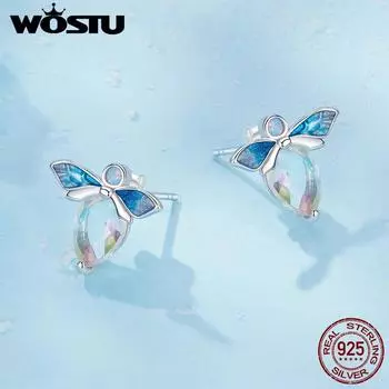 WOSTU стерлингового серебра 925 пробы, милые медовые серьги-гвоздики в форме пчелы для женщин, серьги-капли с радужными кристаллами, серьги-подвески на день рождения, семейный подарок 925 silver