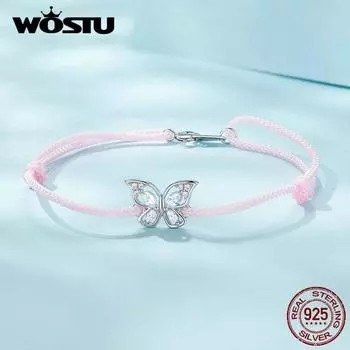 WOSTU стерлингового серебра 925 пробы милые розовые браслеты с подвесками в виде бабочки для женщин полые насекомые циркониевые звенья цепи для девочек украшения на день рождения 925 silver