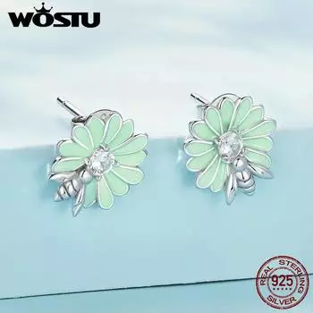 WOSTU стерлингового серебра 925 пробы, милые серьги-гвоздики с цветком ромашки, серьги-гвоздики с медовой пчелой для женщин, украшения на день рождения, вечерние подарок 925 silver