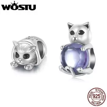 WOSTU стерлингового серебра 925 пробы милый кот подвеска фиолетовый кристалл бусины для домашних животных подходят браслет DIY ожерелье девушка подарок на день рождения ювелирные изделия
