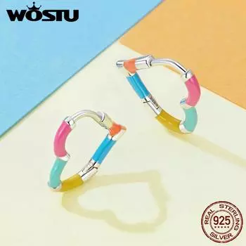 WOSTU стерлингового серебра 925 пробы мини-радужные зажимы для ушей в форме сердца женские серьги-кольца ярких цветов с сердечками для девочек подарок на день рождения 925 silver